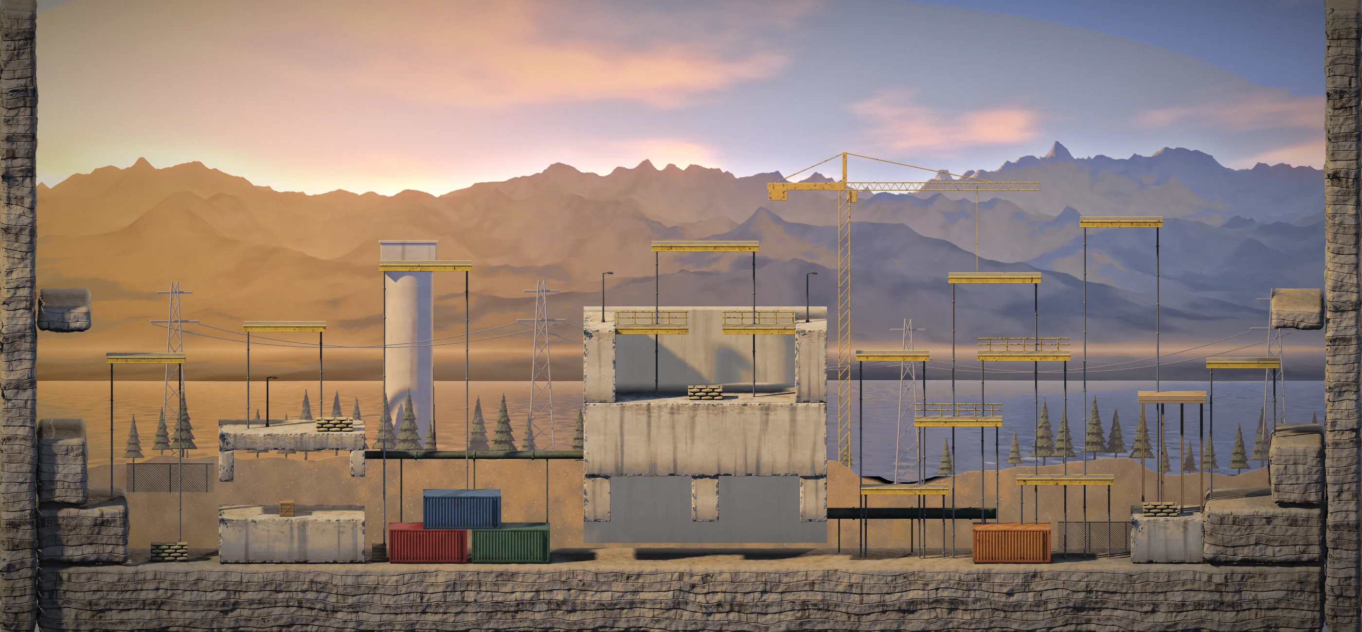 The full Dustline Dam map at sunset: bunker, containers, the dam and the scaffold towers