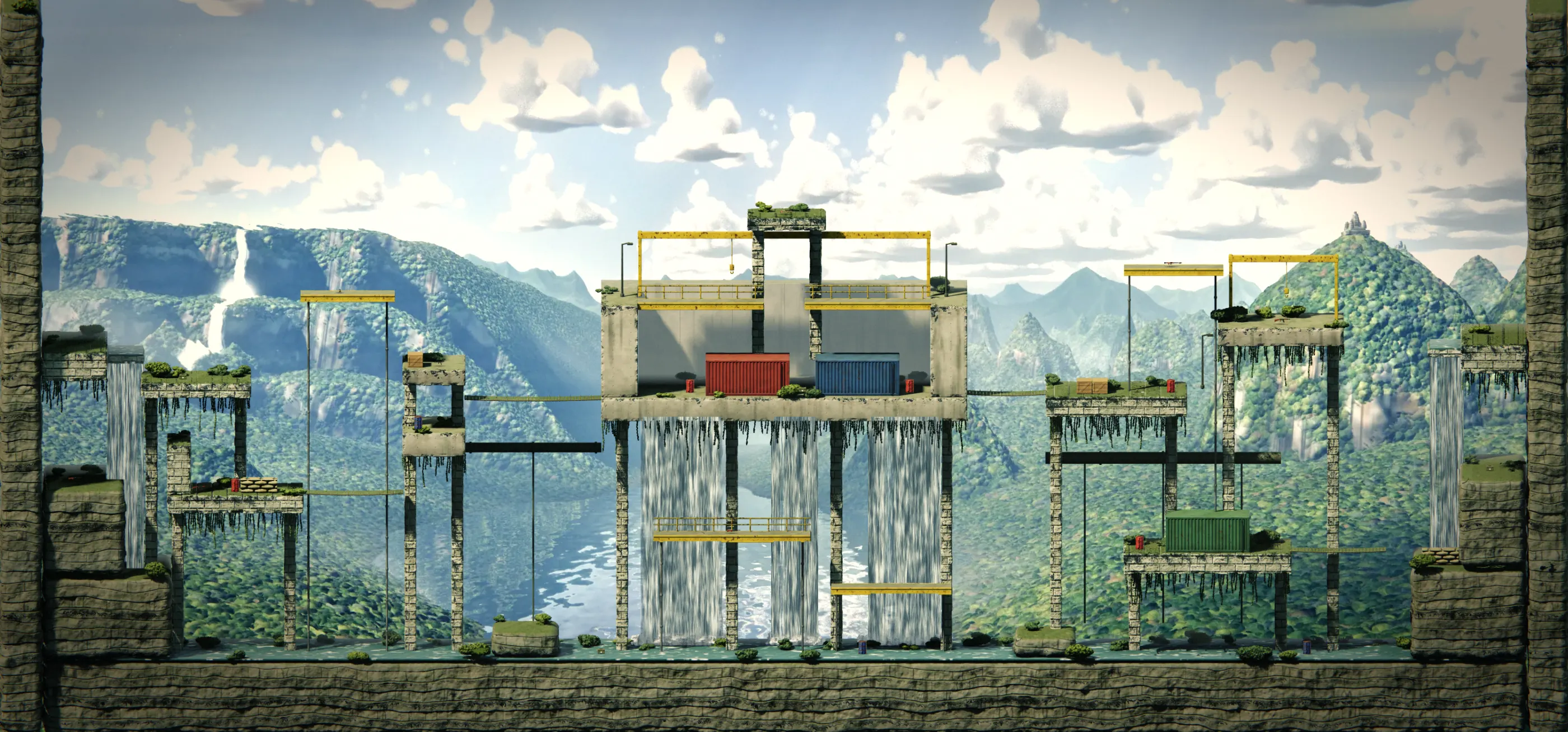 The full Cascade Works map: ruins, rope bridges and five waterfalls in a jungle valley