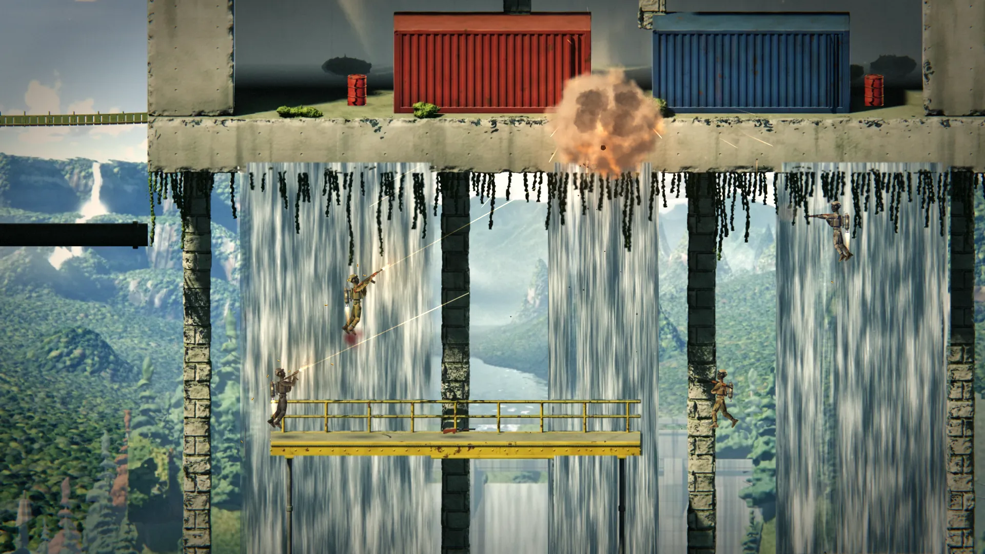 Four soldiers fighting in front of the three waterfalls on Cascade Works