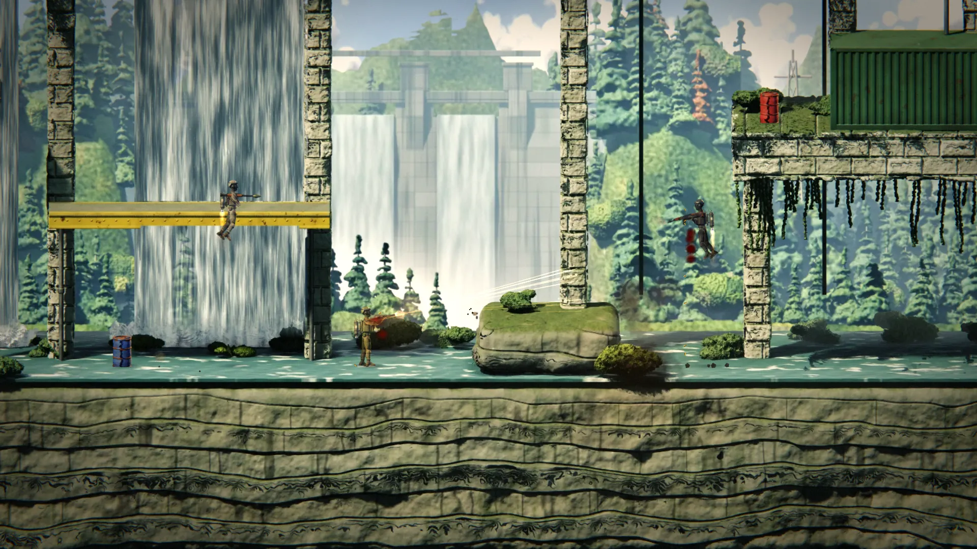 A firefight on the riverbed of Cascade Works with the forest and dam behind